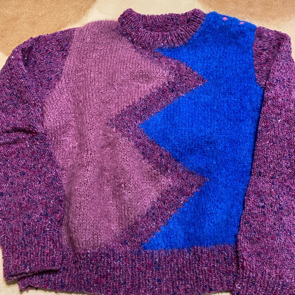 Handmade crewneck pink and blue knit sweater